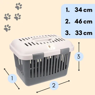 A pet carrier with dimensions indicated by numbers and measurements listed on the right side.