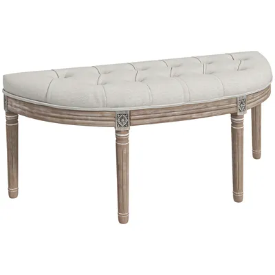 Image de HOMCOM Banc bout de lit banc d'entrée en forme demi-lune, banquette capitonnée, style Louis XVI, structure en bois massif sculpté, patiné, siège en tissu aspect lin, crème