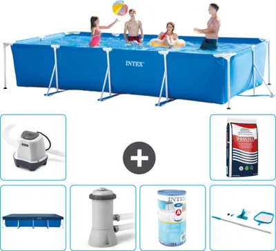 Produktbild von Intex-Schwimmbecken mit rechteckigem Rahmen – 450 x 220 x 84 cm – Blau – im Lieferumfang enthalten Abdeckung - Filterpumpe für Schwimmbad - Filter - Reinigungskit - Salzwassersystem - Poolsalz