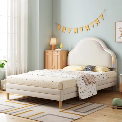 Obrázok produktu pre Flieks čalúnená posteľ 90x200cm s lamelovým roštom, detská posteľ, posteľ pre mladých s LED, jednolôžková drevená posteľ s čelom pripomínajúcim oblak, klasická posteľ, zamat