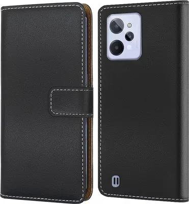 A black flip-style phone case is shown open, revealing the inside and the back of a phone with a purple camera module.