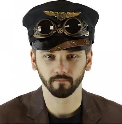 Produktbild von Steampunk Piloten Mütze mit Fliegerbrille als Kostümaccessoire