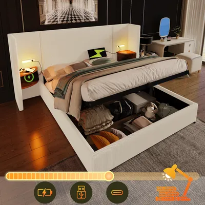 Produktbild von okwish Polsterbett Doppelbett Hydraulisches Stauraumbett 180×200 mit Nachttisch, Leselampe und USB Type-C Ladefunktion, Bettanlage Stauraumbett Bettgestell mit Lattenrost aus Massivholz und Metall, Beige-Weiß, Cordstoff Ohne Matratze