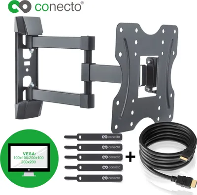 Produktbild von conecto CC50271 Wandhalterung für TV Geräte mit 58-107 cm (23-42 Zoll), neigbar: -10° bis 3°, schwenkbar: -90° bis 90°, Wandabstand: 56-415mm, Traglast: max. 20,0kg, VESA 200x200, schwarz, inkl. GRATIS HDMI-Kabel und Klett-Kabelbinder