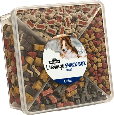 Produktbild von Dehner Lieblinge Hundesnack, Hundeleckerli zuckerfrei, Snackbox Jumbo, für ausgewachsene Hunde, mit 4 verschiedenen Sorten, 1.2 kg