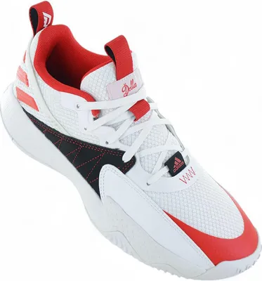 A single white, red, and black Adidas basketball shoe is shown against a white background.