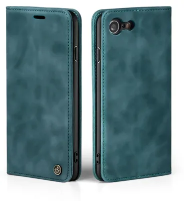A teal-colored flip case for a smartphone is shown from two angles against a white background.