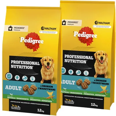 Produktbild von Pedigree Adult Professional Nutrition mit Geflügel und Gemüse 12 kg + 12 kg Trockenfutter für mittelgroße und große Hunde