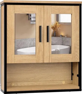 Image de Armoire de salle de bain Famanu avec miroir - Portes rabattables, espace de rangement, fixation murale