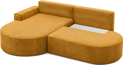 A mustard-yellow sectional sofa with a corduroy texture is shown against a white background.