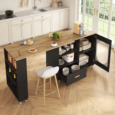 Productafbeelding van Merax Servicewagen met wielen, keukenblok met 360° draaibaar tafelblad, uitschuifbaar barmeubel, lade, deur met ribbelglas, opbergruimte, zwart en wit
