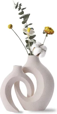Produktbild von Keramische Vase-Set - 2-teilig - Beige - Pampasgras-Design - Elegant - Trockenblumen - Blumenarrangement - Keramik