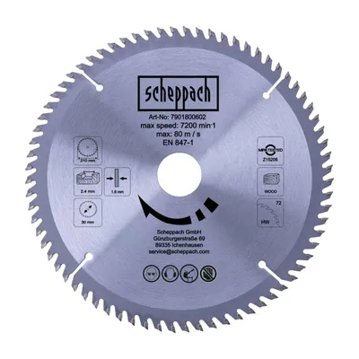 Imagen del producto de Hoja de sierra multifunción Scheppach, 210 mm x 30 mm, 72 dientes, para sierra de ingletadora PL75