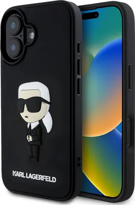 Productafbeelding van Karl Lagerfeld 3D rubberen iconische iPhone 16 telefoonhoesje, zwart. Kleur: zwart. Maat: one size