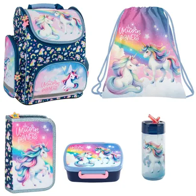 Produktbild von Schulranzen Einhorn Unicorn 5 tlg. Set - Tornister Federtasche Turnbeutel Brotdose