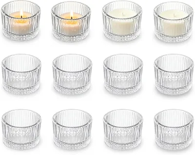 Productafbeelding van Theelichtglazen, set van 12 stuks, helder glas, theelichthouders, vintage, geribbeld voor tafeldecoratie, kaarsglazen voor bruiloft, feest, Kerstmis