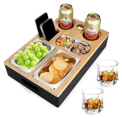 Image de Tablette pour canapé avec boîte à snacks et bols en acier inoxydable - Idéale pour le salon