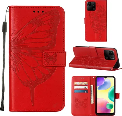 Produktbild von Redmi 10A Hülle, Schmetterling Prägung Flip Leder Kartenfächer Schutzhülle Ledertasche mit Ständer für Xiaomi Redmi 10A Rot