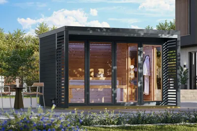 Image de Karibu Saunahaus : Sauna extérieure, sauna de jardin, modèle Ares 4, finition anthracite, sans accessoires, en bois massif de 38 mm, dimensions : 359 x 276 x 232 cm