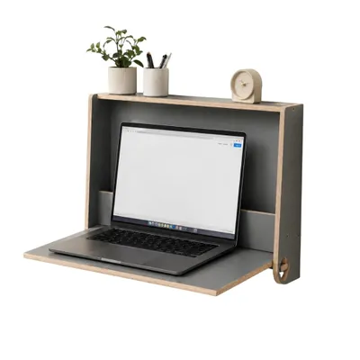 Image de leg&go Bureau mural rabattable en bois, Secrétaire mural avec rangement, Bureau gain de place pour télétravail, 52x42x10 cm, Gris