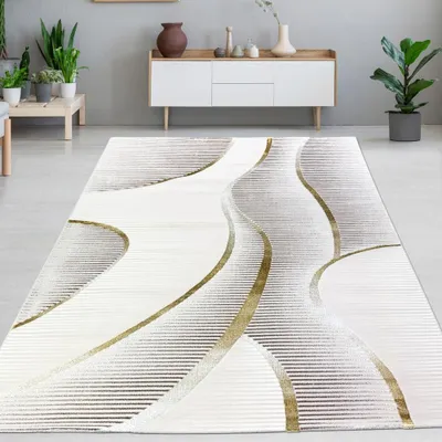 Produktbild von Kurzflorteppich Creme geschwungene Linien modern mit Glanzeffekt für Wohnzimmer und Schlafzimmer Größe - 120 x 170 cm