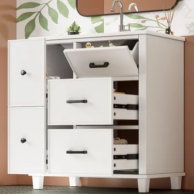 Image de Meuble sous-vasque Merax, armoire de salle de bain avec lavabo, meuble sous-vasque avec 4 tiroirs et vasque en céramique, blanc