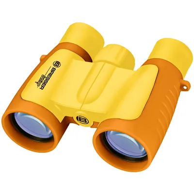 A pair of yellow and orange binoculars on a white background.