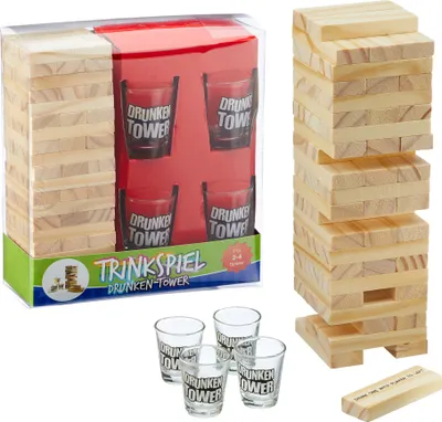 Produktbild von 1x Trinkspiel "Drunking Tower", inkl. 4 Schnapsgläser, Wackelturm, Party
