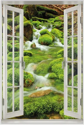 Produktbild von Wallario Wandbild mit Fenster-Illusion: Moosiger Bach, Größe: 61 x 91,5 cm, Poster mit weißem Aluminiumrahmen