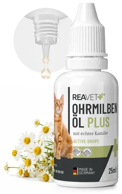 Produktbild von REAVET Ohrmilbenöl Plus 25ml sofort wirksames Mittel für Katzen – gegen Ohrmilben mit Kamille für Katze, Sanfte Pflege bei Juckreiz im Ohr, Ohrentropfen Milben, Ohrenreiniger
