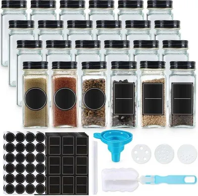 Produktbild von Famanu Gewürzgläser Set von 24 - Rechteckig 120 ml - Gewürzstreuer aus Glas - Gewürzaufbewahrung mit Streueinsatz - (Schwarz)