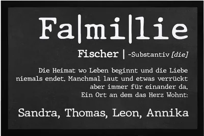 Produktbild von Fußmatte mit Namen Definition Familie personalisierbar mit Vornamen und Familienname rutschfest & waschbar SpecialMe® weiß 60x40cm