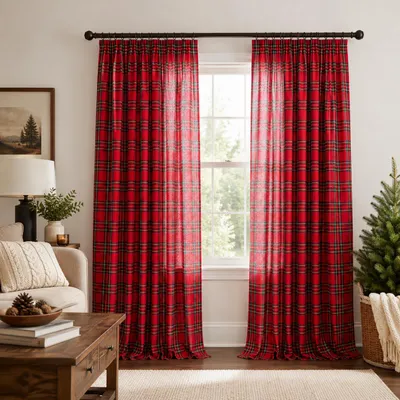 Produktbild von 2er Set Weihnachtsgardinen 132 x 244 cm Rot Lichtdurchlässige Tartan-Karo-Vorhänge Multifunktionsband für Schlafzimmer Wohnzimmer