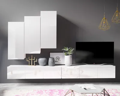 Produktbild von Wohnwand Amanda XI Breite 300cm Anbauwand Moderne Schrankwand TV-Schrank (Weiß matt + Weiß Hochglanz Fronten)