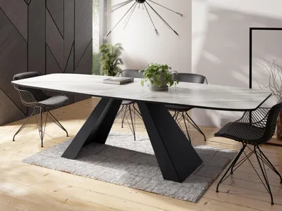 Produktbild von Esstisch Monte im Modern Stil, Rechteckiger Tisch in Weißer Marmoroptik - Ausziehbar von 160 cm bis 200 cm, Pulverbeschichtete Schwarze Metallbeine - 160 x 80 cm - Marmor Weiß