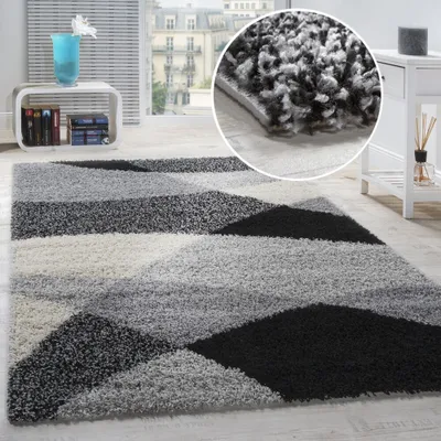 Produktbild von Shaggy Teppich Hochflor Langflor Weich Geometrisch Gemustert Grau Schwarz Grösse 160x220 cm