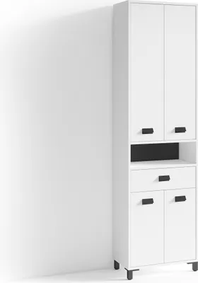 Produktbild von byLIVING Badezimmer-Hochschrank WELLNESS in Melamin weiß, Griffe aus Metall in schwarz / Badezimmerschrank 4 Türen mit offenen Elementen & viel Stauraum / B 54, H 193, T 31 cm