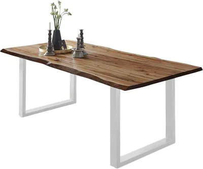 Produktbild von Esszimmertisch 160x85 cm ULM, Baumkantentisch naturfarben, Akazienholz massiv, U-Gestell aus Metall weiß