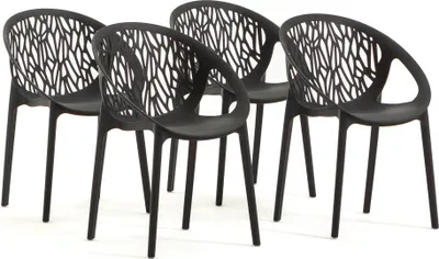 Immagine prodotto di Set di 4 sedie impilabili in resina rinforzata con fibra di vetro per esterni, giardini, bar e ristoranti - design elegante, moderno e ispirato alla natura - LARA - Nero