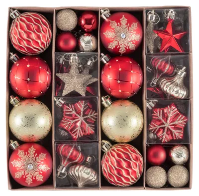 Weihnachtskugeln 60er Set, Kunststoff, Rot/Gold, glänzend & matt