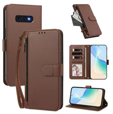 Produktbild von Geldbörse Hülle für Samsung Galaxy S10E, Kunstleder Handyhülle mit Kartenfächer, Ständer, Handschlaufe Braun