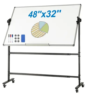 Image de Tableau blanc mobile sur roulettes VEVOR, 48 x 32 pouces Tableau blanc mobile magnétique double face, réversible à 360°, réglable en hauteur, avec roulettes et plateau mobile