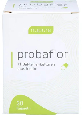 Produktbild von Nupure Probaflor, Kapsel, Bifidobacterium bifidum, Lactobacillus acidophilus, Flasche, Erwachsener, Bifidobacterium lactis, inulin, Lactococcus lactis, Lactobacillus plantarum, Lactobacillus..., Take one capsule daily without chewing before breakfast with plenty of liquid. To achieve rapid...