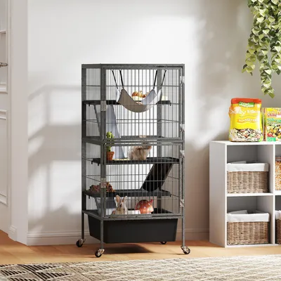 Produktbild von Kleintierkäfig 4 Etagen Frettchen, Nagerkäfig Stahl Hängematte Rampen Plattformen, Grau | 52x52x115 cm | 12 kg | herausnehmbares Tablett, Rollen