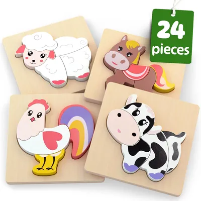 Productafbeelding van Toys Boerderijdieren Houten Puzzel 1 - 2 Jaar - 4 Stuks Baby Puzzel - Steekpuzzel Motoriek Speelgoed - Montessori Vanaf 1 Jaar