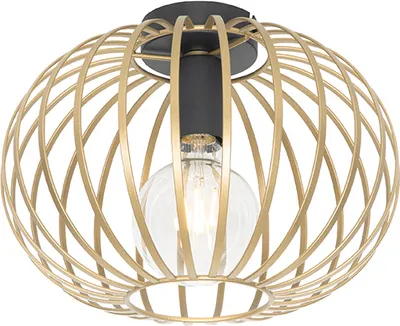 A close-up studio shot of a gold and black ceiling light fixture with a clear glass bulb.