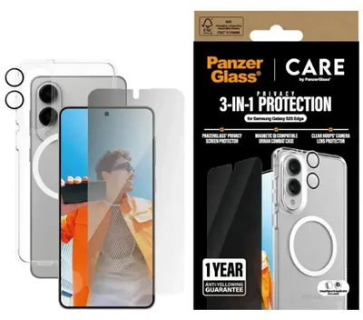 Zdjęcie produktu dla PanzerGlass ® | CARE by ® Flagship 3-in-1 Privacy Bundle Samsung S25 Edge, Samsung, Samsung - Galaxy S25 Edge 5G, Aplikacja na sucho, Odporny na zadrapania, Odporny na wstrząsy, Przezroczysty, 1 szt.