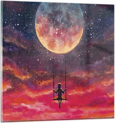 Produktbild von Bilder auf glas - Einteilig - Mond Schaukel Frau - 40x40cm - Glasbilder - Wandbilder - Bilder - zum Aufhängen bereit - Wanddekoration aus Glas - Glas Bilder - Wandbild auf Glas - GAC40x40-5095