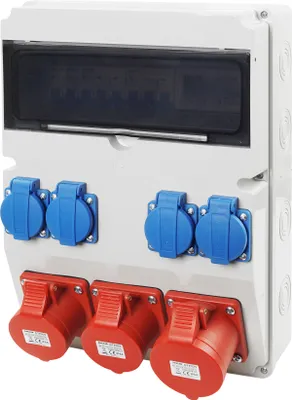 Produktbild von Baustromverteiler Wandverteiler Gartensteckdose 1x32A/5P 2x16A/5P CEE 4x 230V Schuko Steckdosen Schuko mit LS-Schalter Zähler
