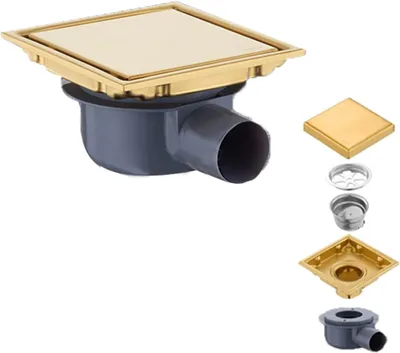 Productafbeelding van Vierkante douchegoot - 15 x 15 cm - Goudkleurig - Afvoergarnituur voor douche - Sifon 360° - Met geurfilter en haarfilter - 2-in-1